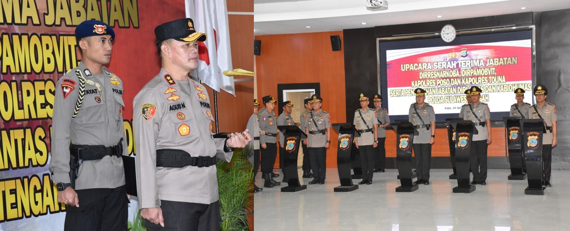Kapolda Sulawesi Tengah Irjen Pol Agus Nugroho, memimpin serah terima jabatan sekaligus melantik 4 pejabat utama dan 2 Kapolres, di ruang Rupatama Polda Sulteng, Senin (10/4/2023).
