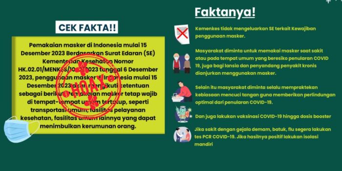 Postingan Hoaks Surat Edaran (SE) Kementerian Kesehatan RI tentang kewajiban penggunaan masker di Indonesia, 15 Desember 2023. Foto : Dok p2p.kemkes.go.id
