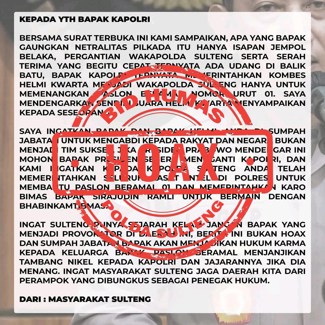 Konten Hoax tersebar di medsos dan grup whatsapp soal Netralitas Polda Sulteng. (Suarasulut.com/RN)